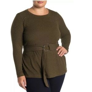 Eloquii Dark Olive Belted Rib Knit Crew Neck Shirt